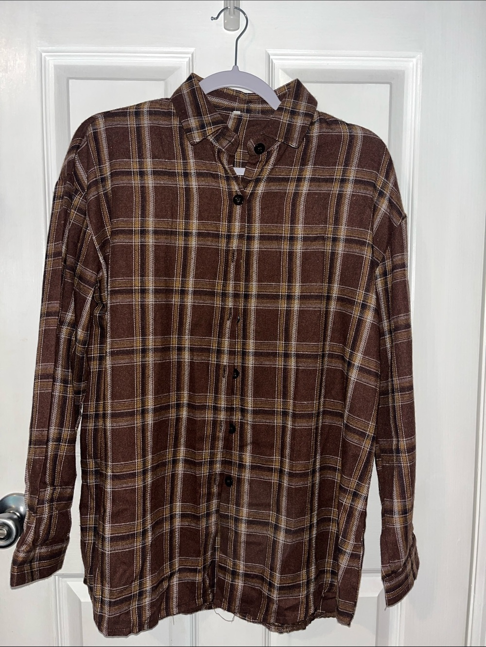 Women's Brown Plaid Button-Down Shirt - Relaxed Fit